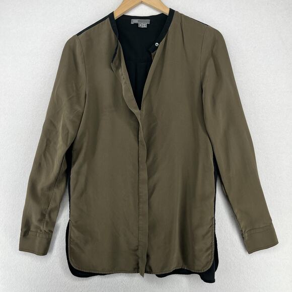 VINCE Top Women 8 Silk Crepe de Chine Colorblock Tunic Keyhole Long Sleeve Black - Picture 1 of 16